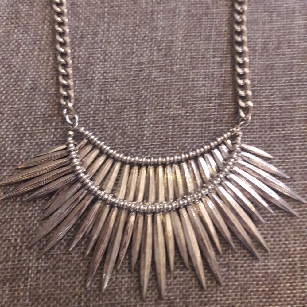Silver tone spike necklace statement piece